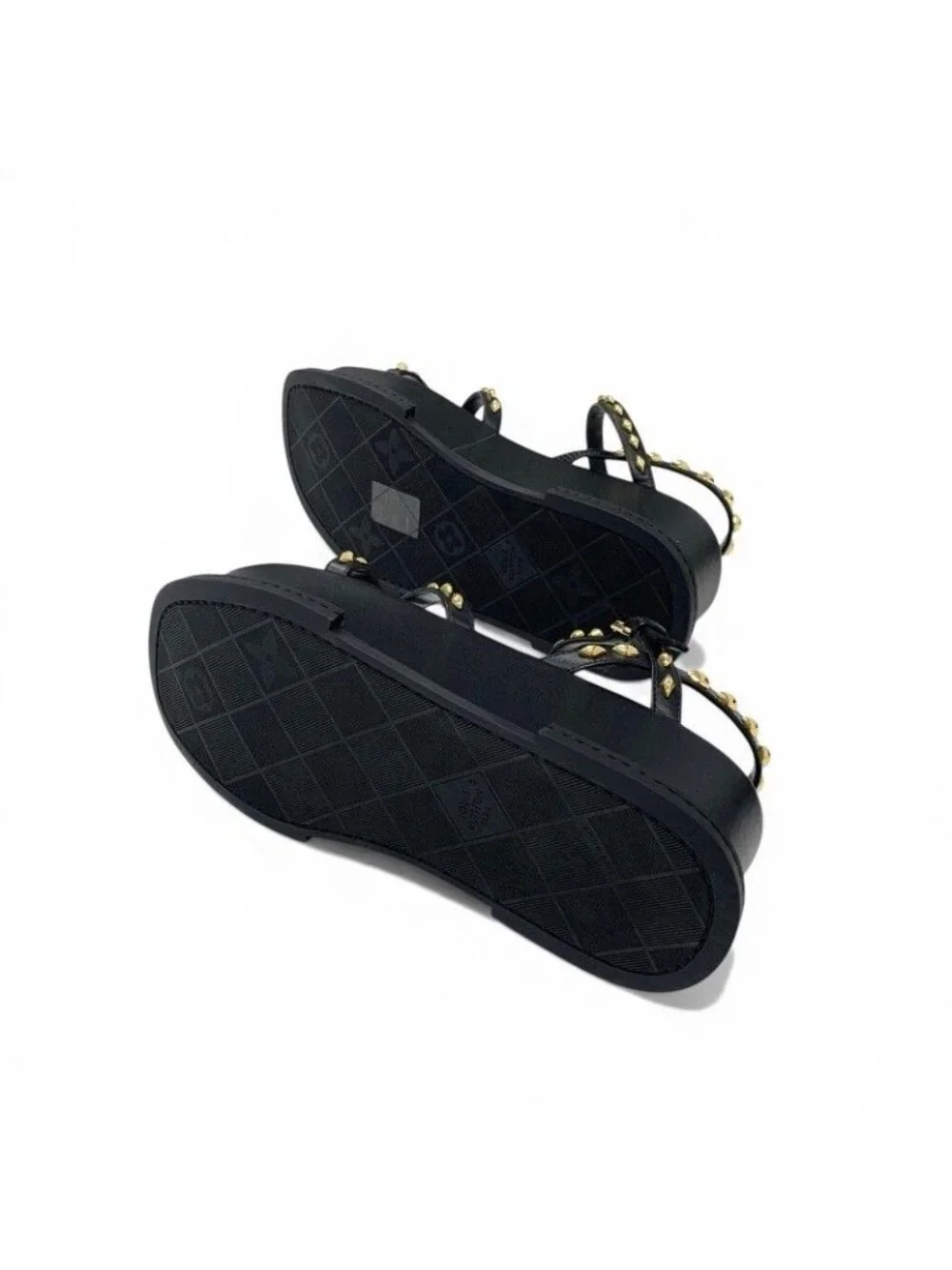 Louis Vuitton Maya Line Sandals Shoes Leather Black Gold LV Logo Studs Strap
